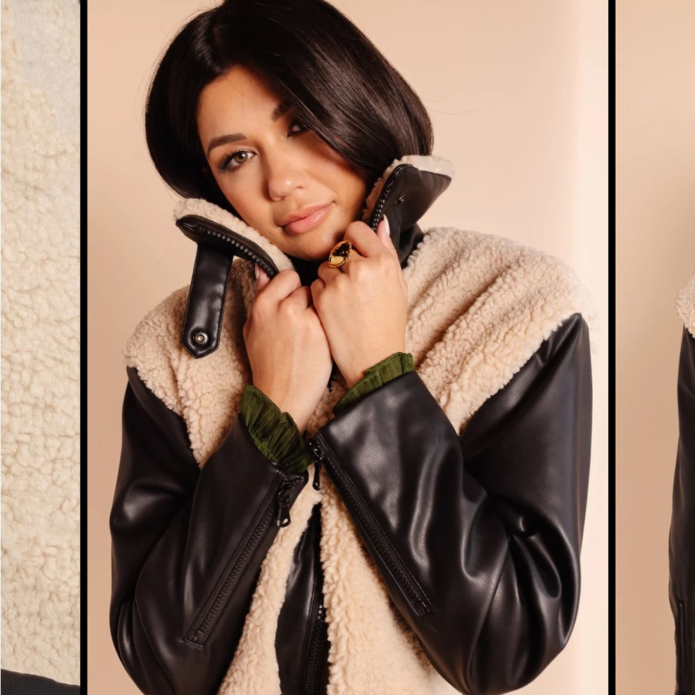 NWT Rachel Parcell shearling bomber jacket ivory/black size L